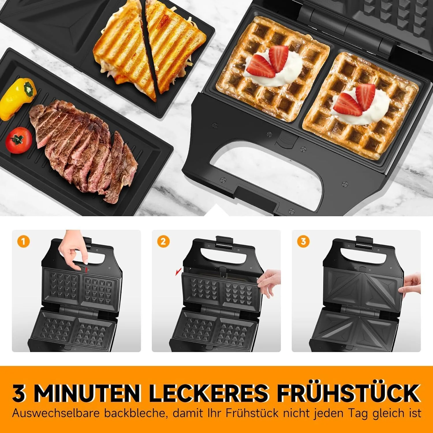 3-in-1 Sandwichtoaster & Waffeleisen von HOMELUX Kontaktgrill & Paninipresse, Antihaftbeschichtung, Leicht zu Reinigen - Image 10